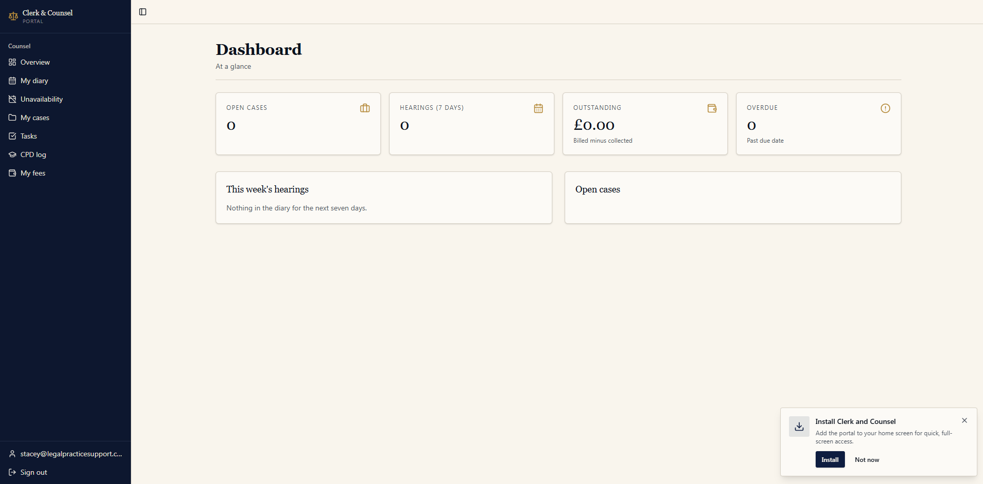 Clerk&Counsel barrister portal dashboard showing open cases, hearings, outstanding fees, and weekly diary.