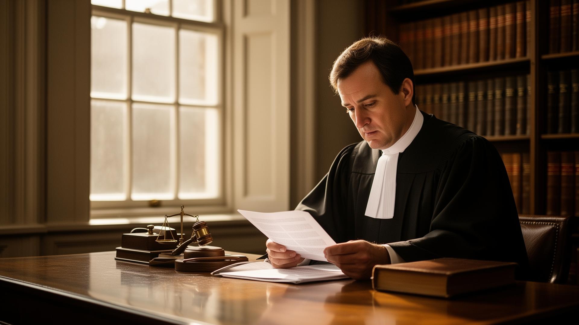 Direct access barrister in robes reviewing a brief at a chambers desk, scales of justice in the background