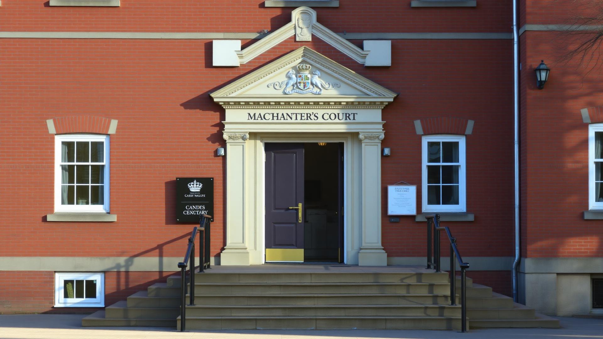 Exterior of an English Magistrates Court building with stone steps and royal coat of arms above the entrance