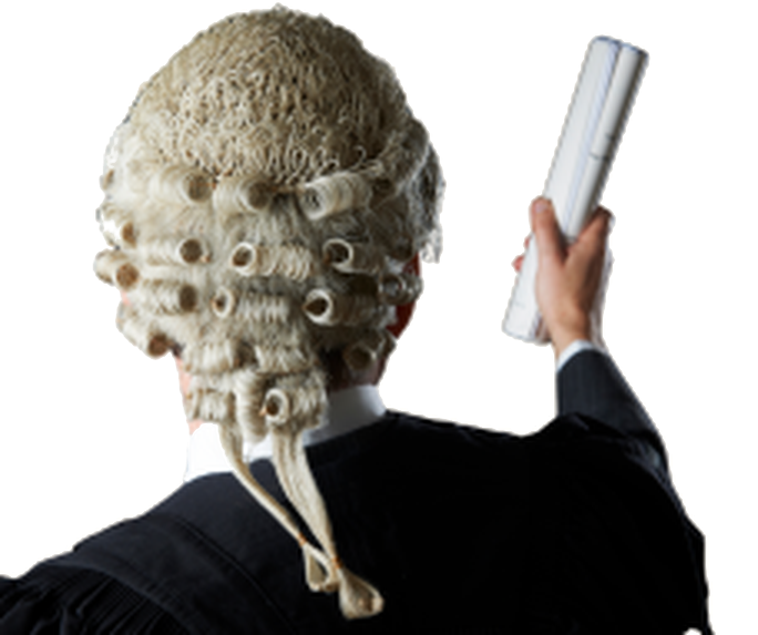 Barrister in wig and gown holding a brief