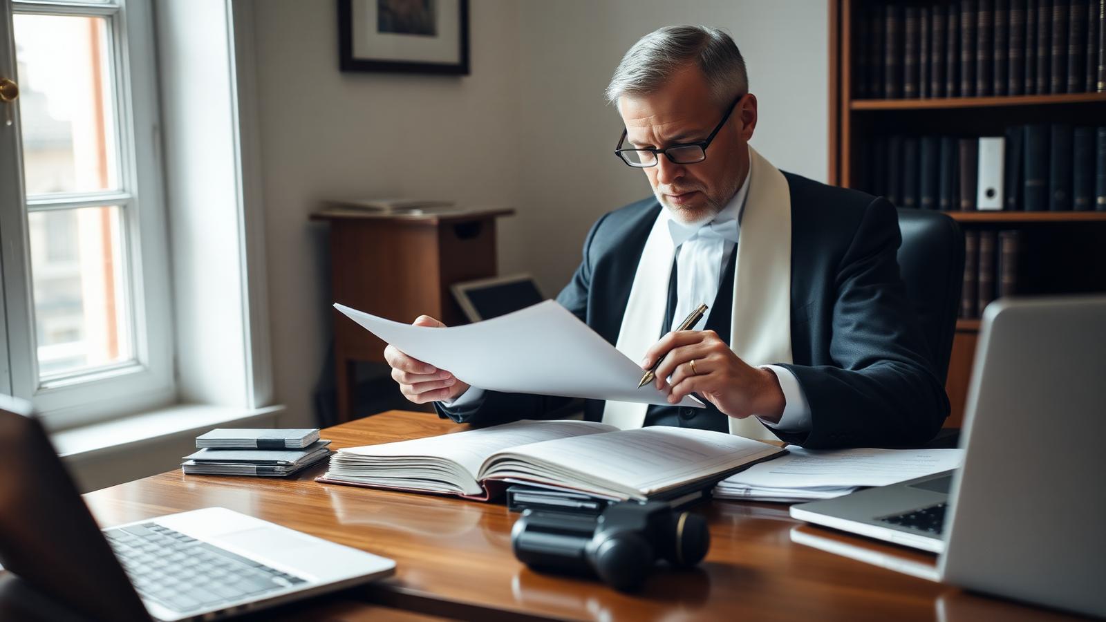 Experienced barrister reviewing case papers at a desk while writing a written advice for a client.