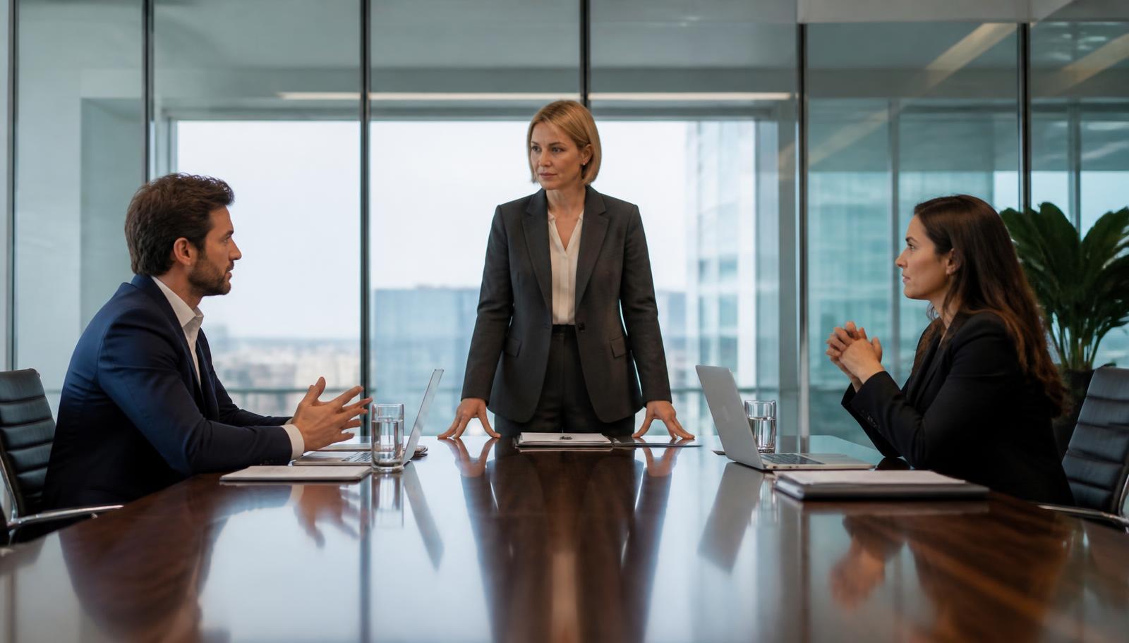 Two commercial parties and an independent mediator seated around a boardroom table during a Manchester commercial mediation