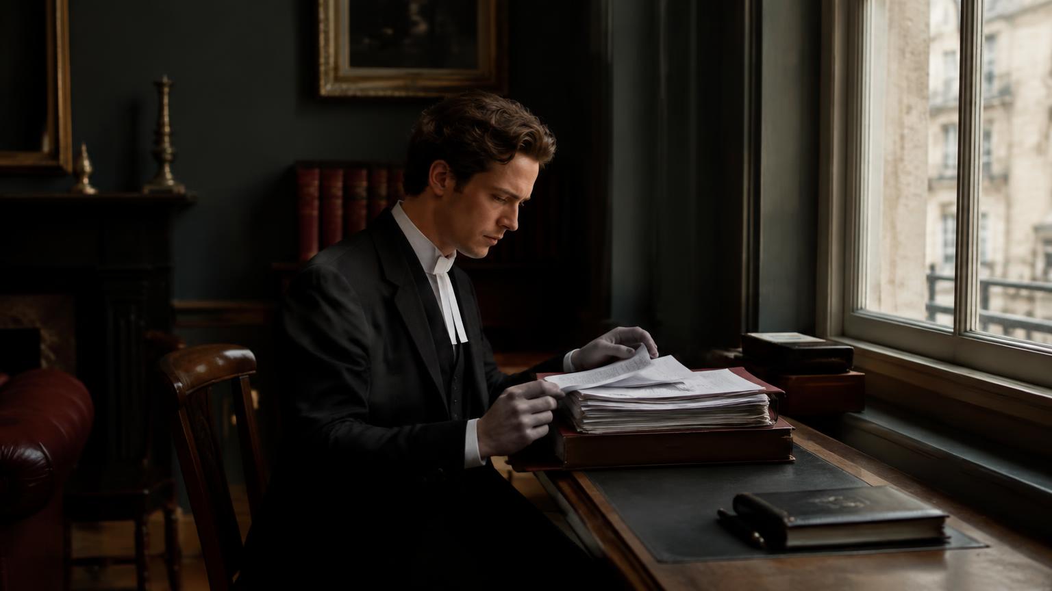 Junior barrister reviewing a specialist case bundle at a desk beside a tall window