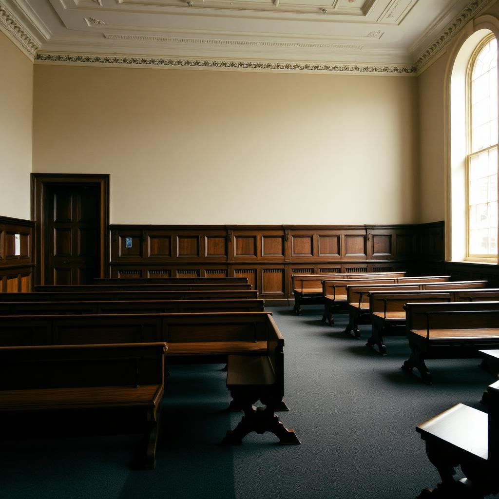 A quiet UK coroners court interior with wooden benches, illustrating inquest counsel available for London coroner areas.