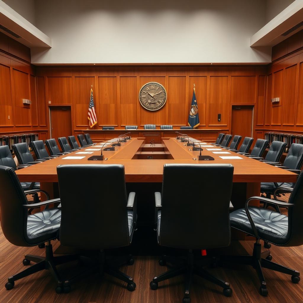 A formal regulatory hearing room with a long table and leather chairs, representing professional discipline counsel for London based practitioners.