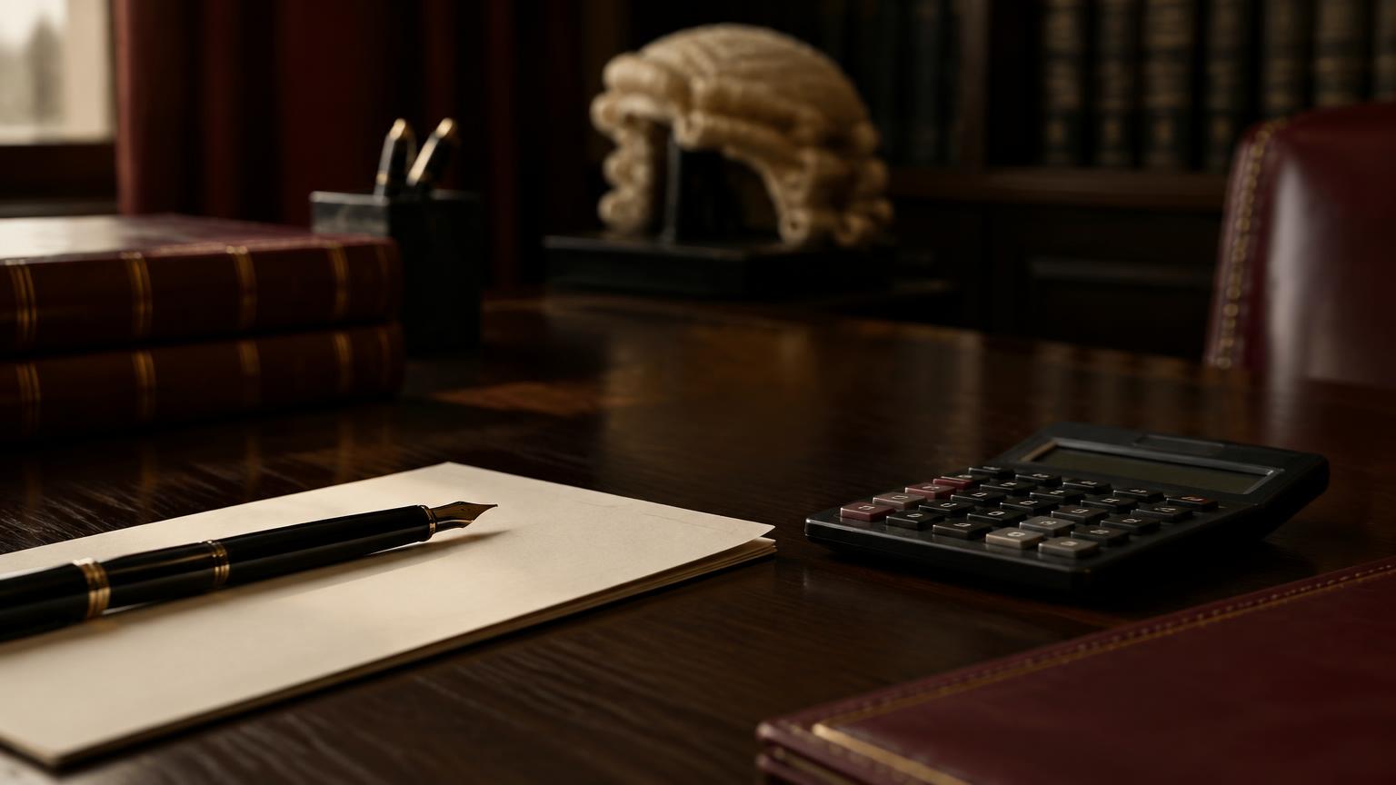 Fee note and calculator on a desk in a barrister's room