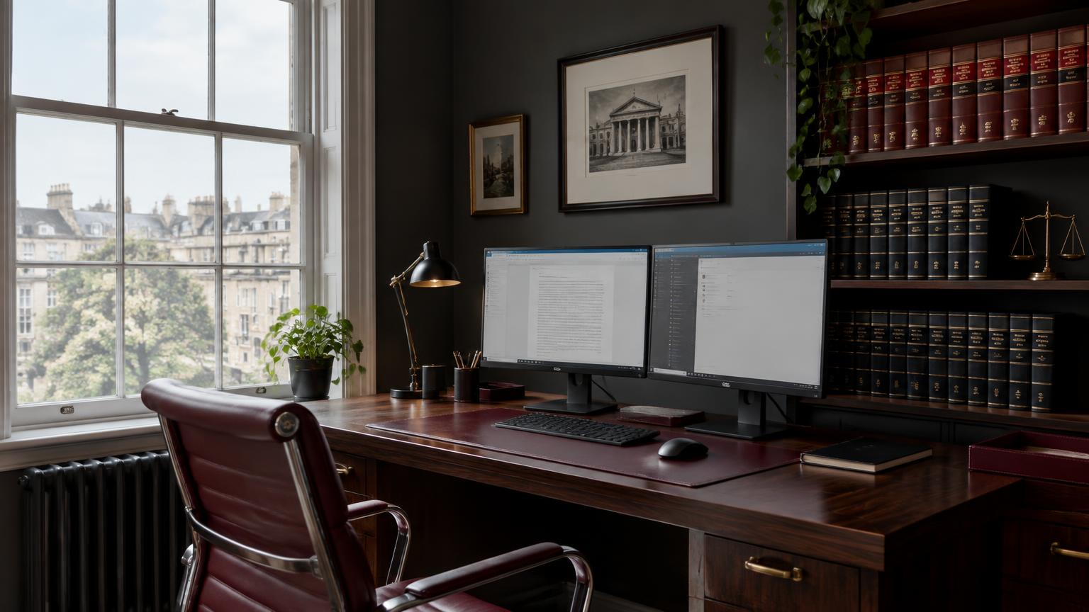 Home study set up for remote legal work with two monitors and law reports