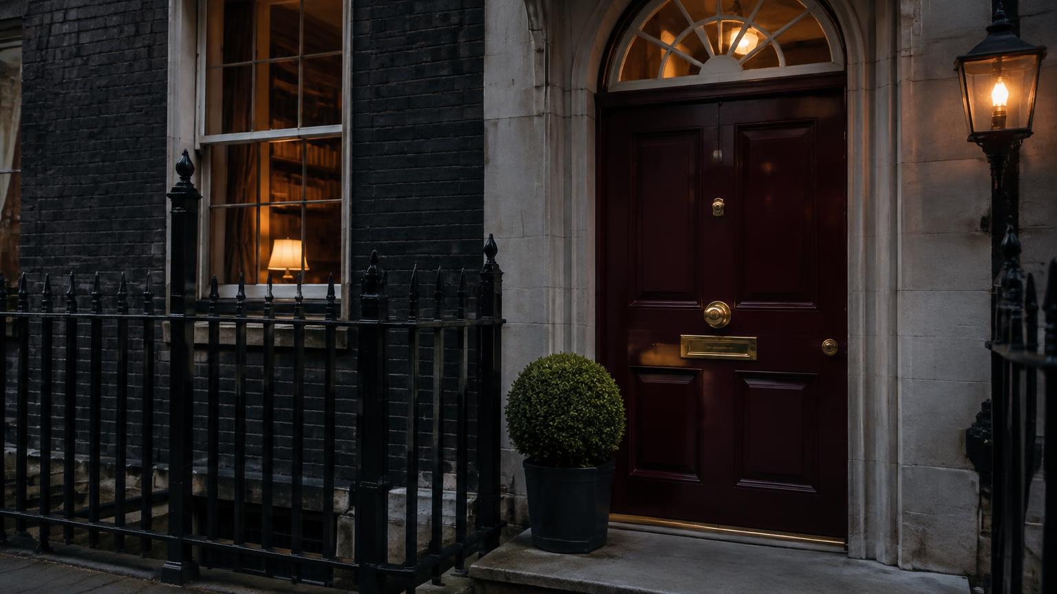 Doorway of a small barristers chambers on a Georgian street at dusk