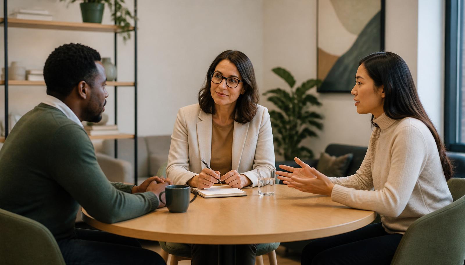 Two colleagues in conversation with a workplace mediator around a round table in a bright office in Bristol
